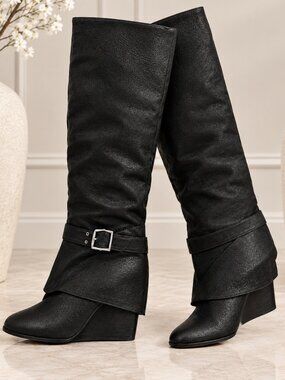 Vince Camuto Black Pebbled Leather Alician Wedge Over the Knee Boots Size 10